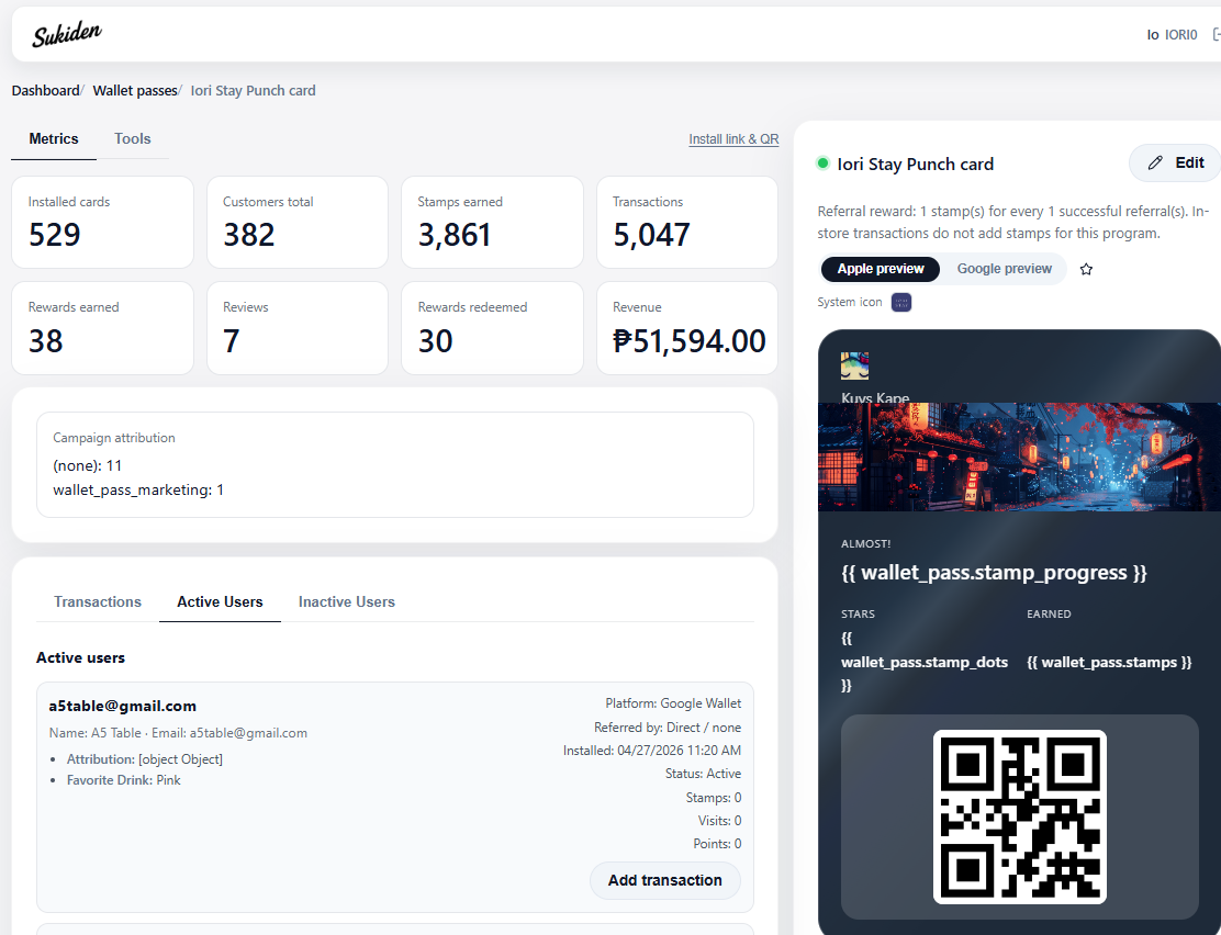 Sukiden wallet loyalty dashboard